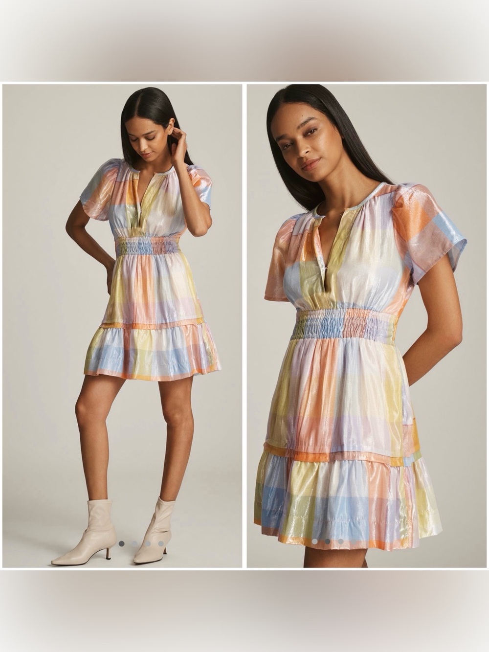 ANTHROPOLOGIE Multicolored Feminine Pastel Plaid Metallic Somerset Mini Dress 2X